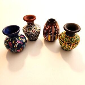 Palayok Hand Painted Set Of 4 Bright Multi-Colored Miniature Clay Pots Vintage